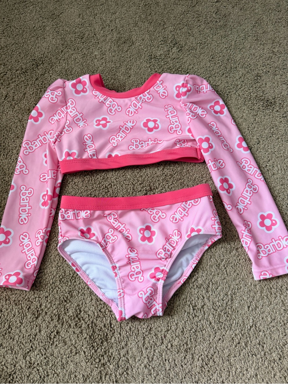 Barbie Toddler Girls Pink Long Sleeve Bikini Swimsuit 2-Piece UPF 50+ size 2T